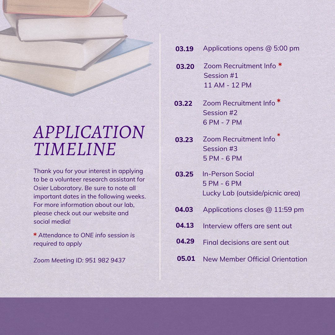 OsierLaboratory's tweet photo. #OsierLab is recruiting for Fall '22! The application will open on March 19th at 5:00pm and close on April 3rd at 11:59pm. Link to app: https://t.co/HKC9Kge4PY. Information sessions will be on 3/20, 3/22, and 3/23. It is required to attend one info session to apply. See you soon! https://t.co/NUvK3LA9g4