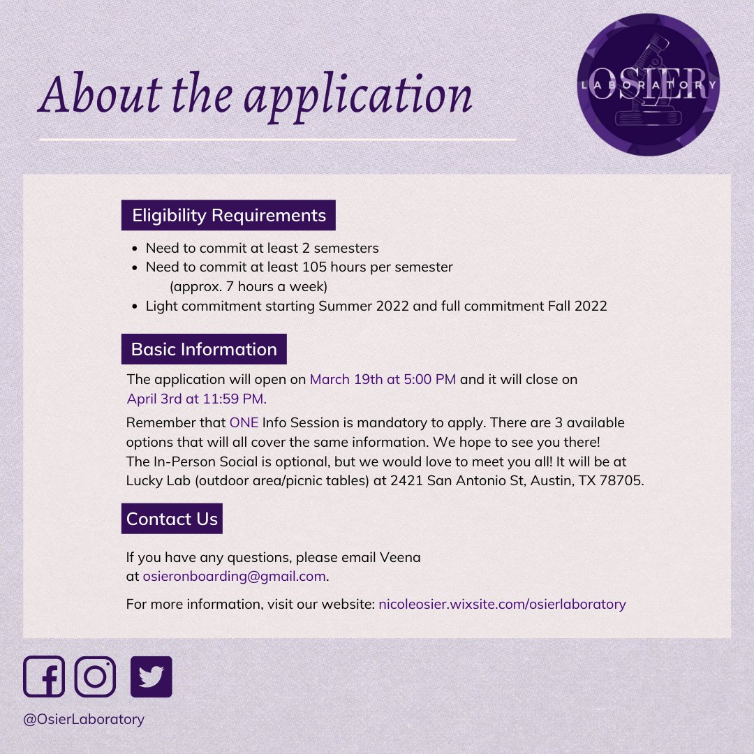 OsierLaboratory's tweet photo. #OsierLab is recruiting for Fall '22! The application will open on March 19th at 5:00pm and close on April 3rd at 11:59pm. Link to app: https://t.co/HKC9Kge4PY. Information sessions will be on 3/20, 3/22, and 3/23. It is required to attend one info session to apply. See you soon! https://t.co/NUvK3LA9g4