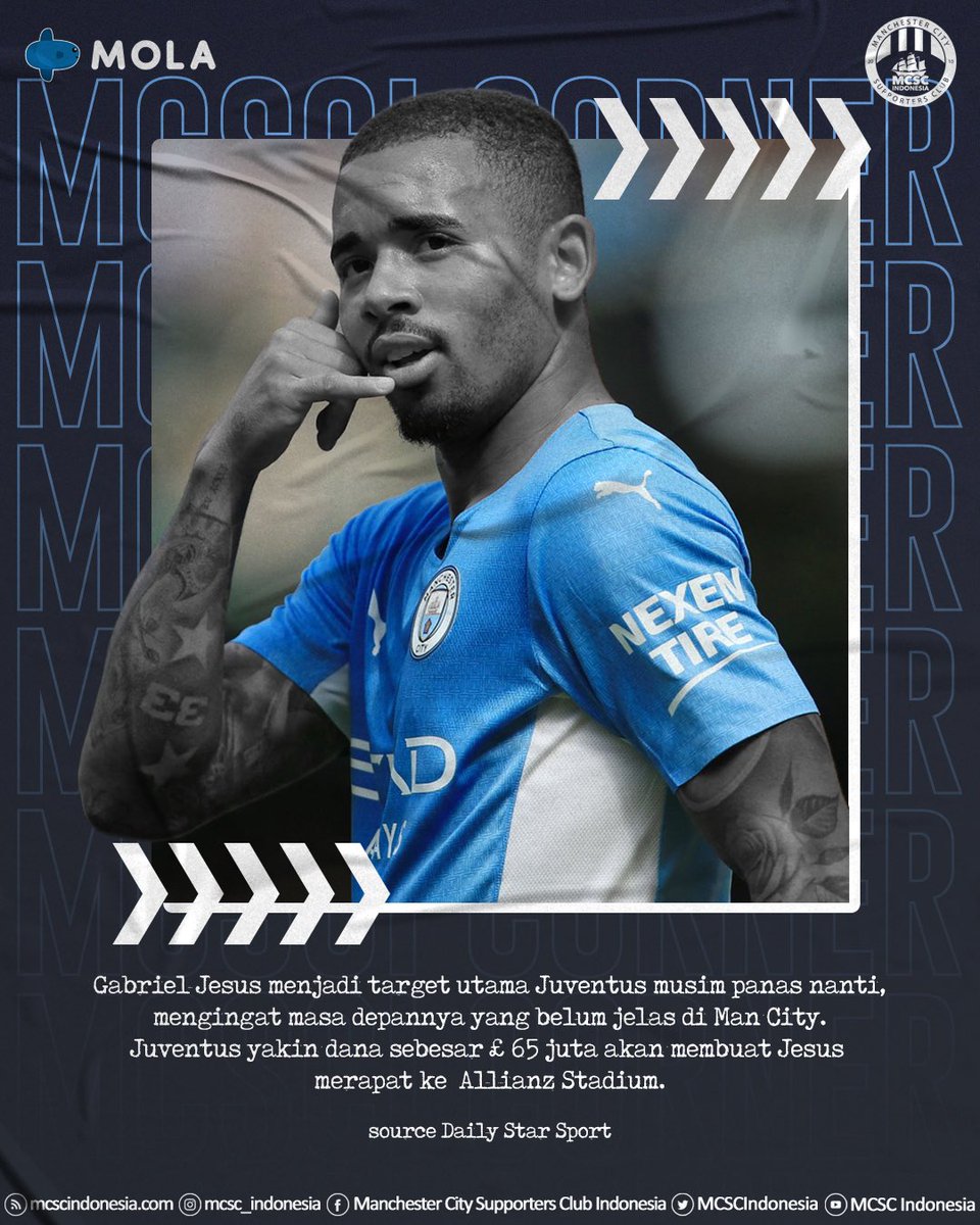 MCSCIndonesia's tweet photo. [BREAKING NEWS] 

Di tengah rumor panas kepindahan Haaland ke Man City, Juventus semakin “pede” memikat hati Gabriel Jesus musim panas mendatang dengan mahar £65 juta. 

Gabriel Jesus ke Turin 🔜 ? 
✅ or ❌? 

#MCSCI #MANCITYOSC #MCSCIxMOLA #MCSCISAYNOTOPIRACY #GABRIELJESUS https://t.co/4CVv6TiLxB