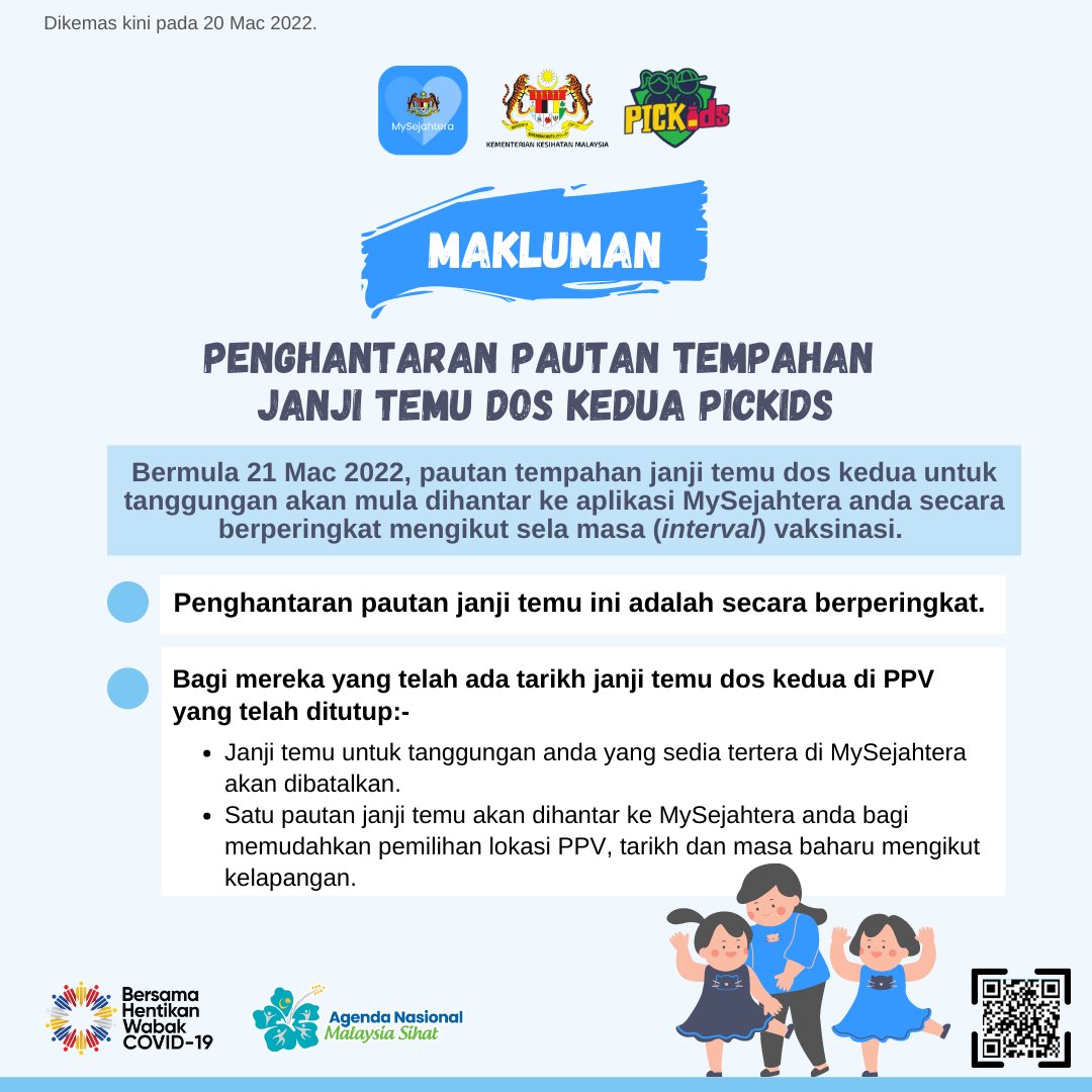 Pautan janji temu baru dos kedua PICKids akan dihantar ke aplikasi MySejahtera secara peringkat berdasarkan sela masa (interval) antara dos pertama dan kedua mengikut jenis vaksin, bermula pada 21 Mac 2022 (Isnin) (1/2)