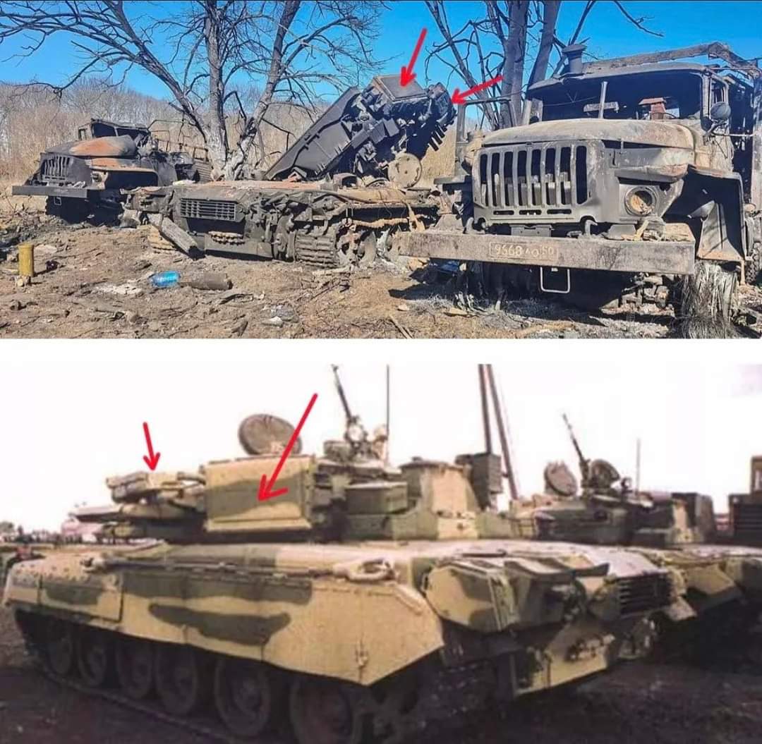 MMaenpaa1's tweet photo. Seem that first 🇷🇺 T-80 with hard-kill #activeprotectionsystem has been spotted. This is basicly prototype stage T-80UM-2, a T-80U with thermal sight and #Drozd active protection system. Destroyed in Sumy. Pic's with arrows from AFV Recognition FB-page.
#tanktwitter https://t.co/QRn9OdcKK7