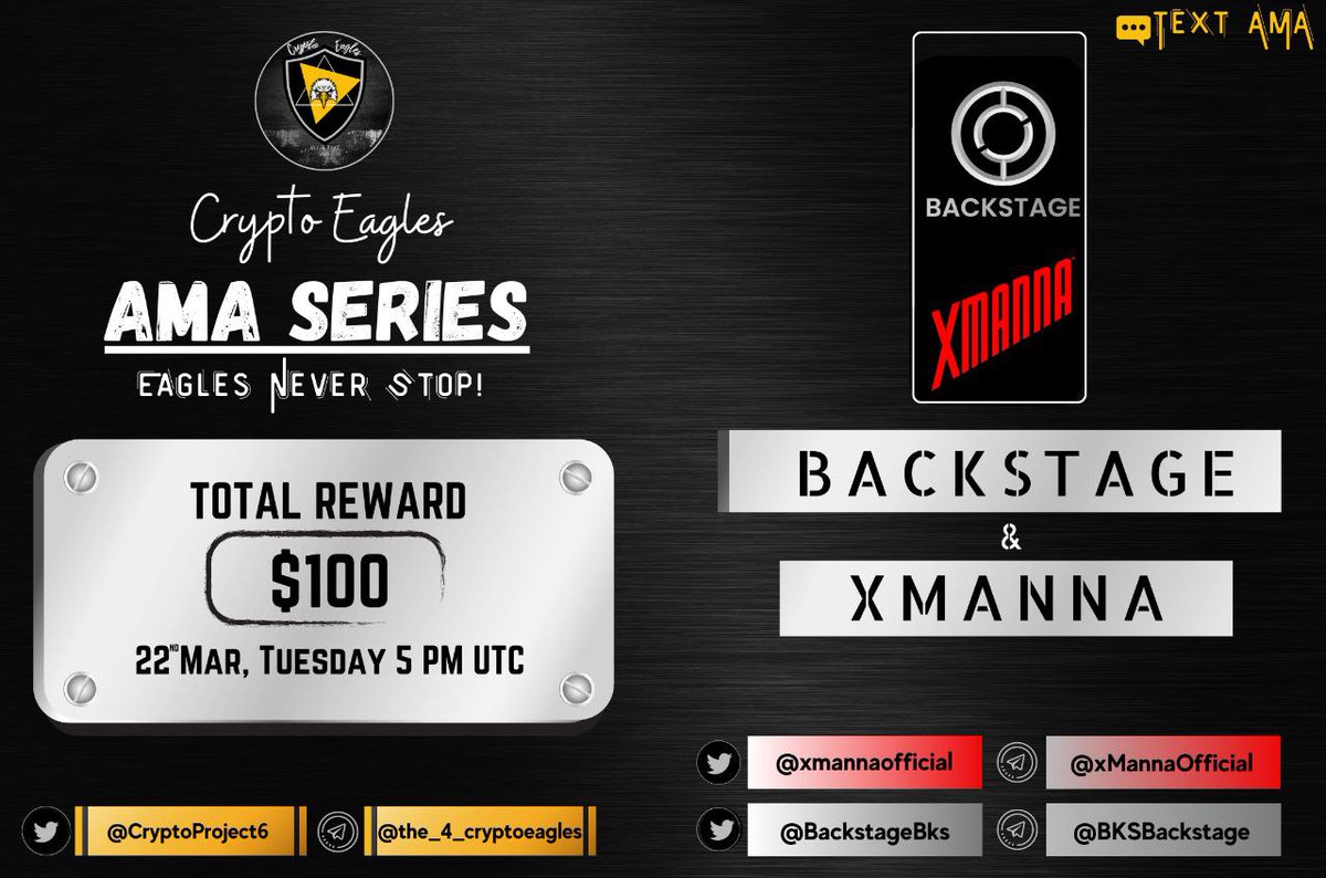 CryptoProject6's tweet photo. We are pleased to announce our next AMA on March 22, 2022 at 5 PM UTC.

@CryptoProject6
 x 
@BackstageBks × @XMANNAOfficial
Reward : $100
Requirements:
Follow :-
✅@CryptoProject6
✅ @BackstageBks
✅ @XMANNAOfficial
Like, RT, Tag your 3 Friends. https://t.co/FGJVX5uFtU