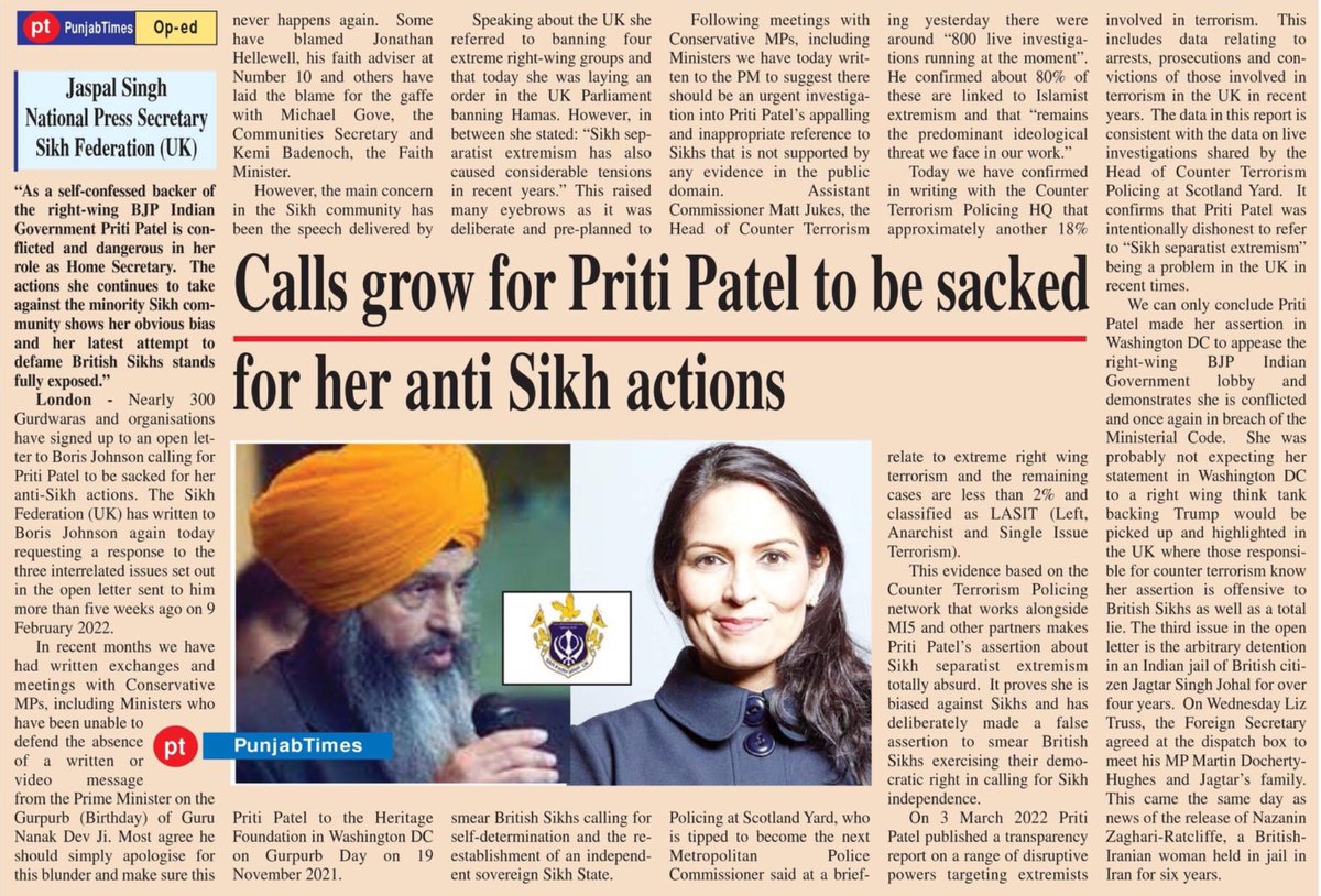 SikhFedUK's tweet photo. @pritipatel in hot water caught lying &amp; smearing British Sikhs in her speech on 19 Nov 21 in Washington DC.  Her statement not backed by @ukhomeoffice report published 3 March 22 or @MattJukesMPS data released this week on 800 live investigations where none relate to Sikhs. https://t.co/pcc2ecMGkn