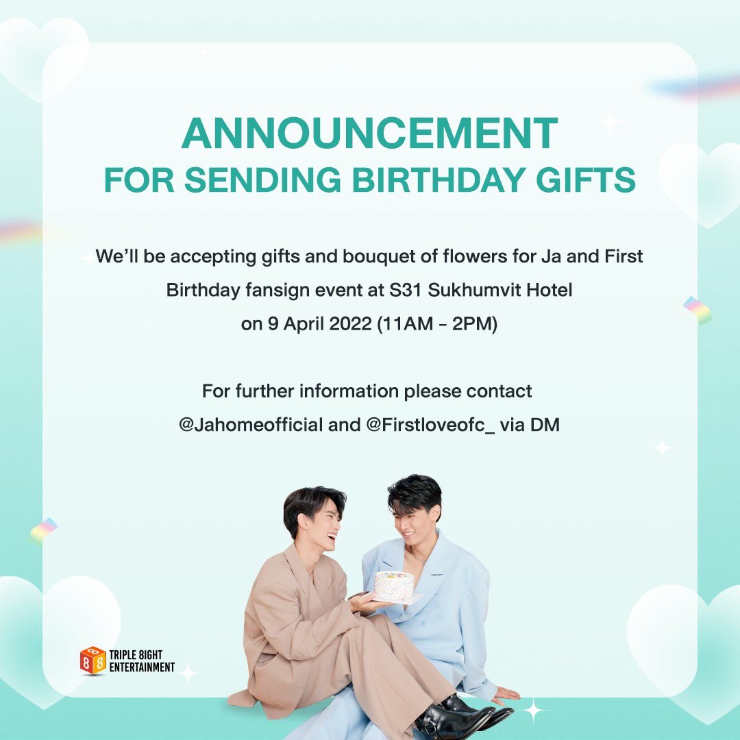 Sixsuperstars's tweet photo. Date : 9th April 2022
Time : 11:00am-2:00pm 
Venue : S31 Sukhumvit Hotel

For further information feel free to contact 
@JahomeOfficial
 and 
@FirstLoveofc_
 via Twitter DM.

#JaFirst #จาเฟริสท์ https://t.co/V7Ih59Eblu