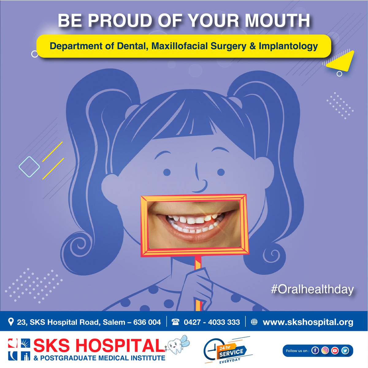 SKS_Hospital's tweet photo. World Oral Health Day - 2022
The theme for the next three years sends out a simple but powerful message: Be Proud Of Your Mouth. In other words, value and take care of it. #OralHealth #OralHealthDay https://t.co/NQmyDCqhPM