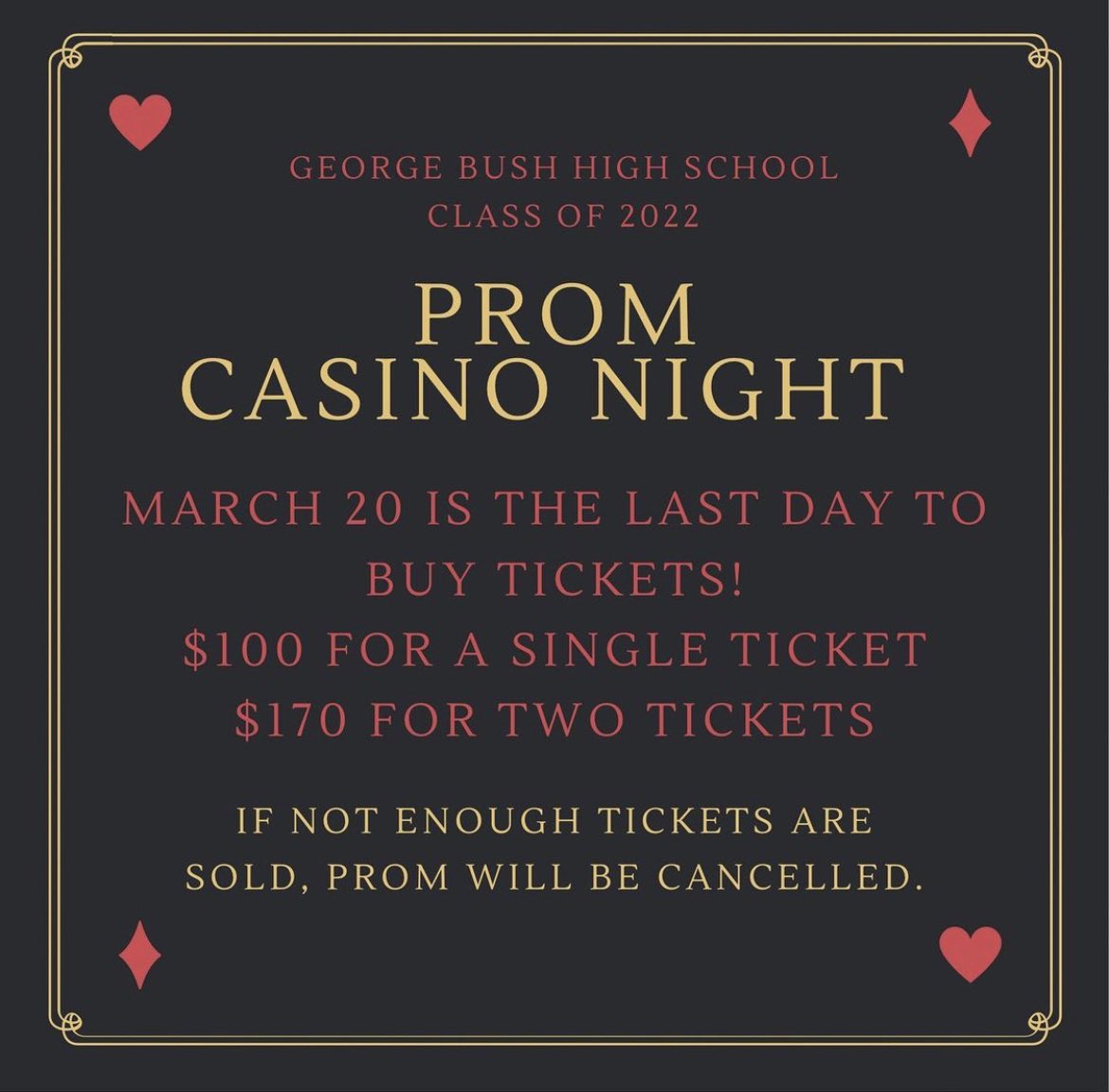 bushstuco's tweet photo. Hey Seniors! Today is the last day to purchase your Senior Prom Tickets! If at least 275 tickets are not sold, Prom will be cancelled so spread the word and BUY YOUR TICKETS!!!!! https://t.co/Fs2UDrVNi8 https://t.co/SwK3GHr2Rc