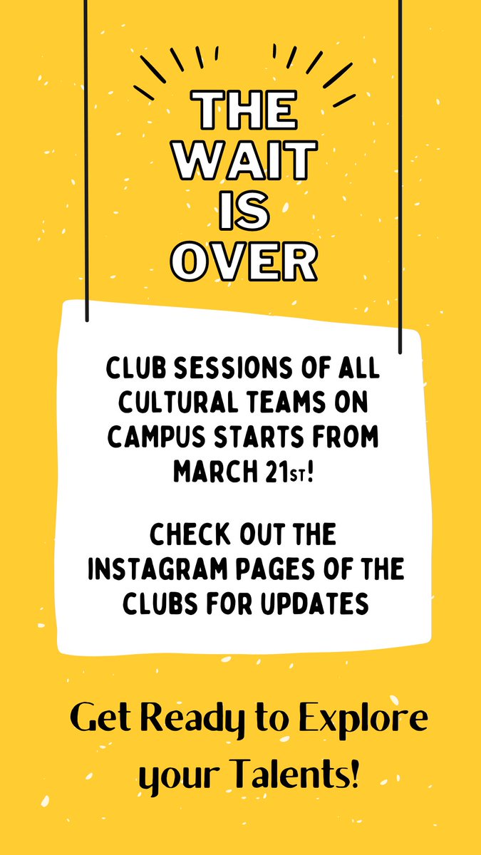 kssastra's tweet photo. The wait is finally over! 
Club Sessions of all Cultural Teams on Campus starts from tomorrow! Get ready!!🎉🎊
Check out the respective club's Instagram page for regular updates on What, Where and When! https://t.co/4GDNIfaC8u