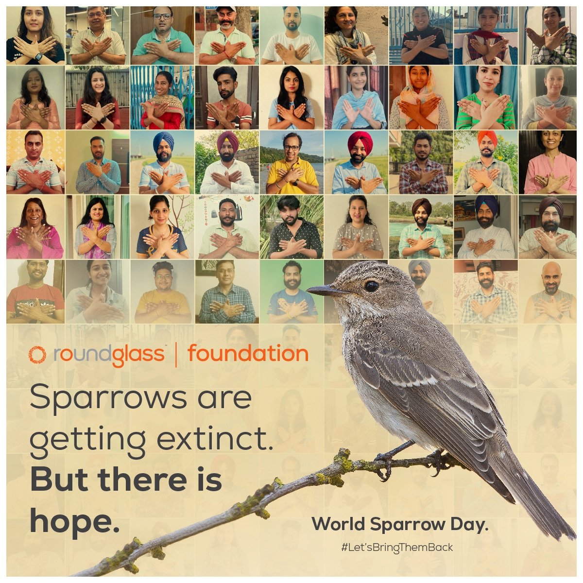 RoundglassFdn's tweet image. On #WorldSparrowDay, we&apos;re making a shape of a bird with hands as a sign of commitment to protecting them from going extinct. We&apos;ve also planted 6 lakh trees &amp;amp; created 500 mini forests in 720 villages to provide habitat for survival. We hope this will bring back birds to Punjab.