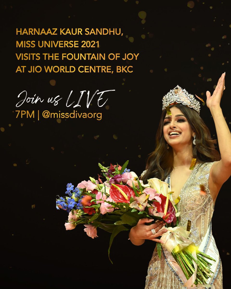 FeminaIndia's tweet photo. Watch our Miss Universe 2021, @HarnaazKaur LIVE today 7 PM IST all the way from the #fountainofjoy at #dhirubhaiambanisquare a befitting destination on her visit back to India.
@JioWorldCentre #MissUniverse #HarnaazKaurSandhu #MissDivaOrg #LIVAMissDiva2021 #LIVAMissDiva https://t.co/j7lmJD15pJ