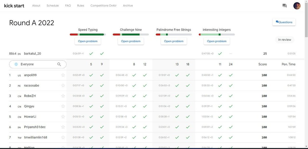 barkatul_twt's tweet image. Google Kick Start 2022 Round A ✅

India Rank - 8864

Will perform much better in the next round!

P.S - I didn&apos;t given a single contest before
#DSAwithKunal 
#googlekickstart