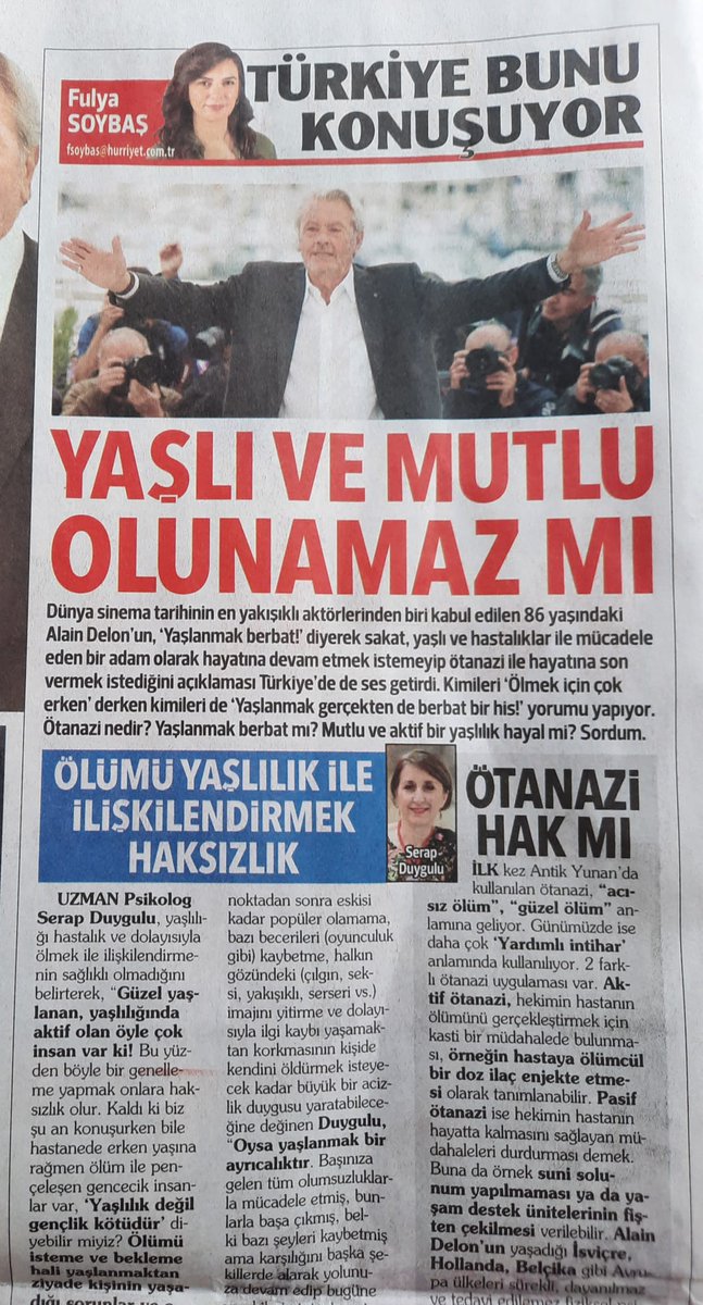 65YHD's tweet photo. "Yaşlandığını, #ötanazi istediğini" söyleyen #AlainDelon haklı mı?
#yaşlıvemutlu olmanın, aktif #yaşlanma'nın değerini anlatan, toplum olarak üzerimize düşenleri hatırlatan @65YHD kurucuları @gulustu ve Ayşe Doğruer'e, @serapduygulu ve Betül Mardin'e 🙏👏🙏👏 https://t.co/FUHZwllE6O