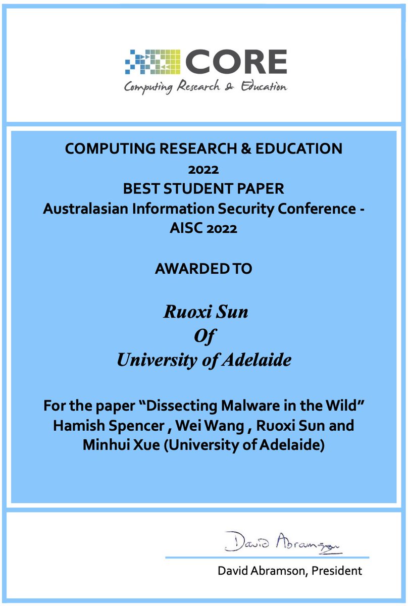 ruoxi_sun's tweet photo. Congratulations on being awarded the Best Student Paper Prize at the recent Australasian Information Security Conference (AISC 2022) as part of ASCW!

A wonderful journey with Hamish, @zach_takaya, and @jasonmhxue @ecms_uofa🎊🎊🎊 https://t.co/M8nSoLI6SF