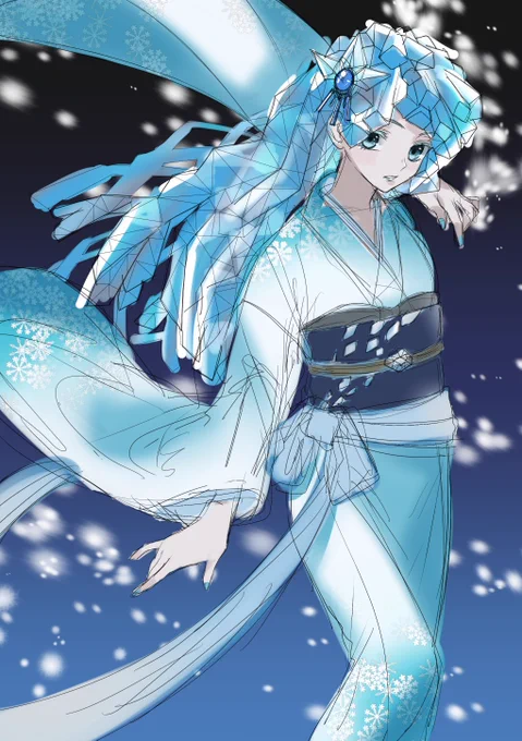 #wip #進捗 #途中経過 #色ラフ #イラスト #創作 #雪女   以前描いた創作雪女ちゃん描いてます