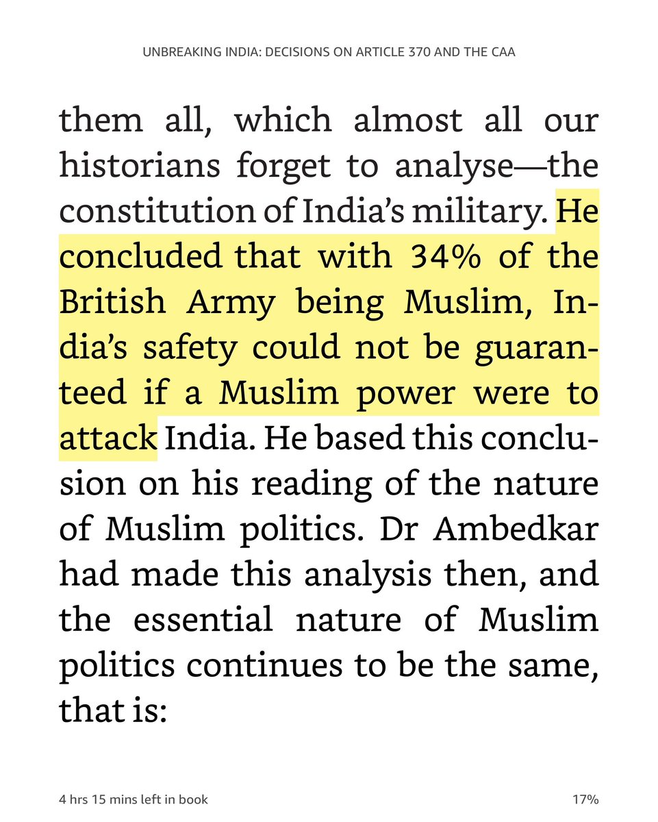 deystrix's tweet photo. @ByRakeshSimha 1 main reason for Ambedkar to accept partition was the high % of Ms in Indian army. This meant that their loyalty was in doubt esp. when it came to attack from M nations such as Afghanistan. This is from the book #UnbreakingIndia by @Sanjay_Dixit. Now we are repeating history! https://t.co/t1kz4B7max