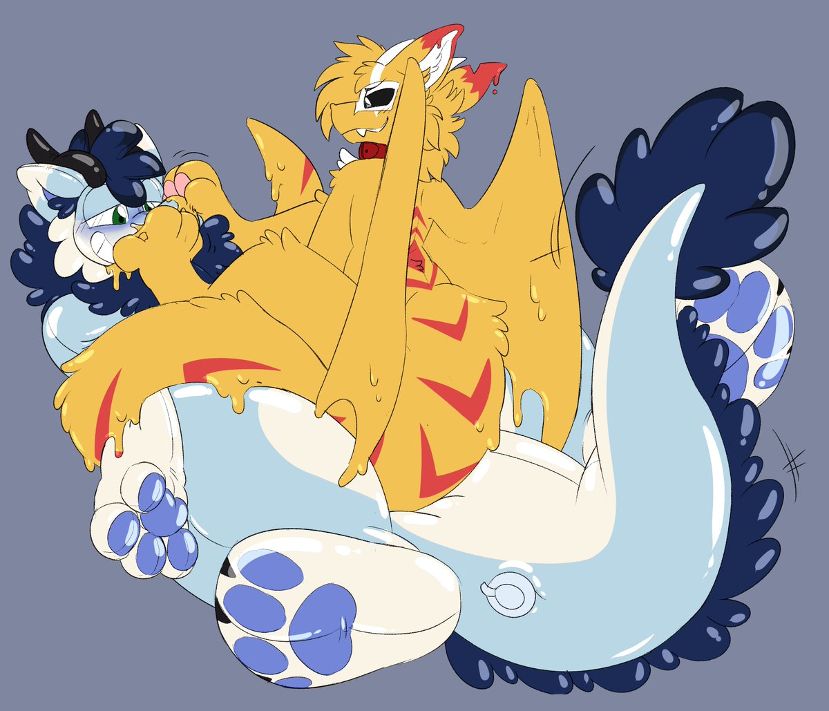 GooeyGulby's tweet photo. Paw goop is very difficult to remove off rubber surfaces. Good thing @SqkyJett doesn't mind my sticky stompers on his pooltoy snout~💛💙
Art by @/Crisstail https://t.co/CNxyFWaac6