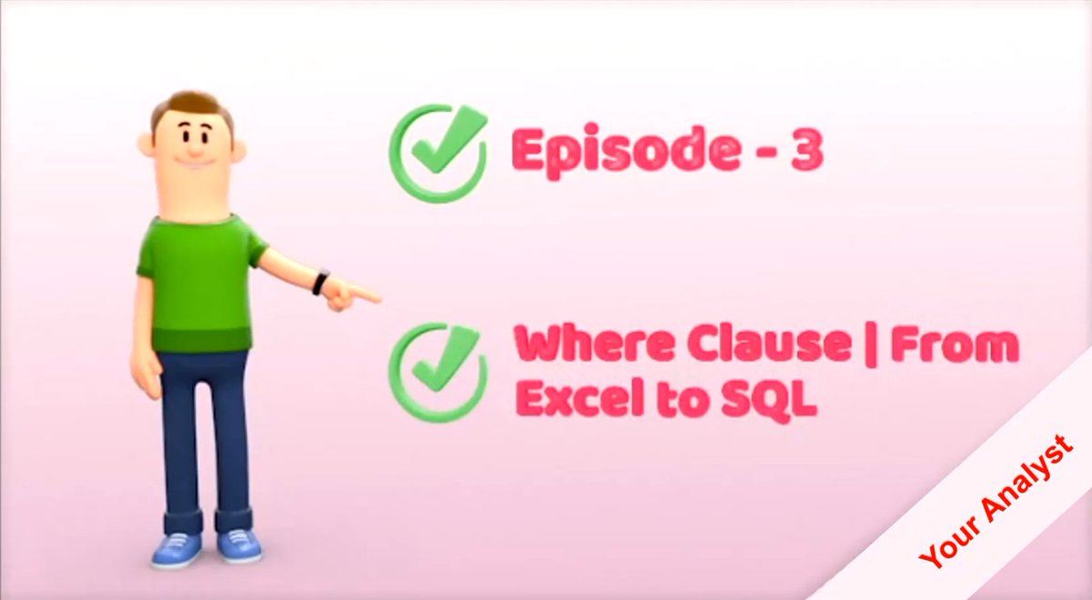 I4mSekhar's tweet image. Episode :3
Where Clause in SQL | Learn filtering data in SQL from Excel
youtu.be/nCWzszlJe8E via @YouTube
#DataAnalytics #SQL #sqlforbeginners
