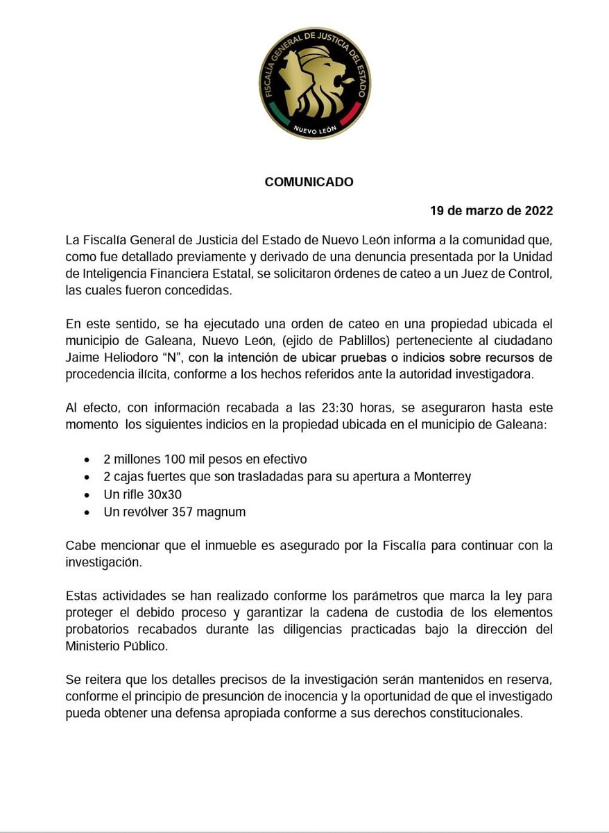 DominioRadio's tweet photo. #ILocal Halla Fiscalía General de Justicia de Nuevo León durante cateo a propiedad de Jaime Heliodoro 'N' en #Galeana, más de 2 millones de pesos, 2 cajas fuertes y 2 armas de fuego; el inmueble queda asegurado por autoridades. https://t.co/HaqsJJ8EYJ