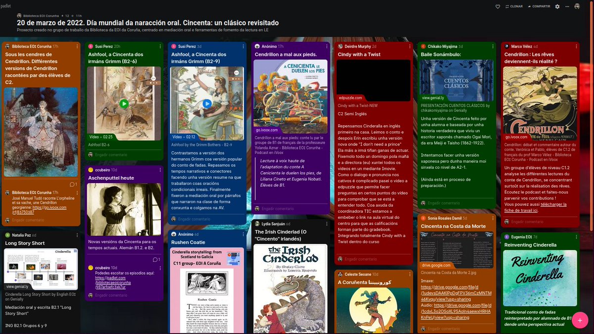 Na @EoiCorunha festexamos o Día Internacional da #NarraciónOral cun clásico revisitado: #Cincenta #Cendrillon #Cinderella. Escoita as nosas versións en diferentes linguas aquí:
padlet.com/bibliotecaeoic… #aBEtenapalabra #oralidade  #bescolaresgal #bescolaresgalabertas