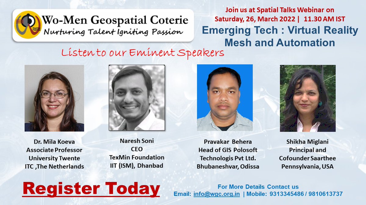 WGeospatialC's tweet photo. Listen to our Speakers at Spatial Talk Webinar Series on 26 March, Saturday, 2022 at 11.30 (IST) The topic is Emerging Tech: Virtual Reality Mesh and Automation. 
To register click here - https://t.co/XUjifu8APD https://t.co/BKxCaAiiD7