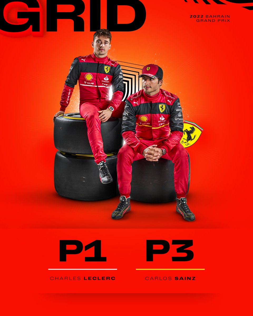 ScuderiaFerrari's tweet photo. 𝗚𝗥𝗜𝗗 𝗟𝗜𝗡𝗘 𝗨𝗣 🔢

Here’s where our boys will be lining up for today’s #BahrainGP 💪

#essereFerrari 🔴 https://t.co/0TGFGYQWDs