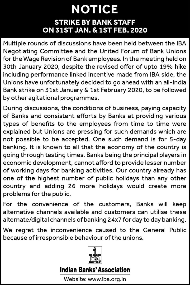 goutamkchouhan1's tweet photo. IBA claiming #5DaysBanking not possible due to tough times of Economy.
Then how RBI, DFS, CVC, NCLT, Ministry & other Central/State dept. working in 5 day week?
Are they not serious for country's #economicslowdown ?
#LiarIBA #BankStrike @narendramodi_in @RBI https://t.co/J5vdezoC37