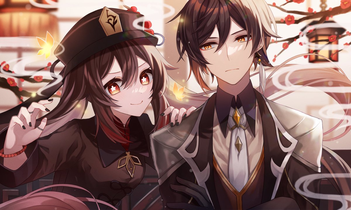 胡桃|フータオ(原神) ,鍾離|しょうり(原神) 「#三連休はフォロワーさんが増える 
増えますように…!! 」|扇🌿のイラスト