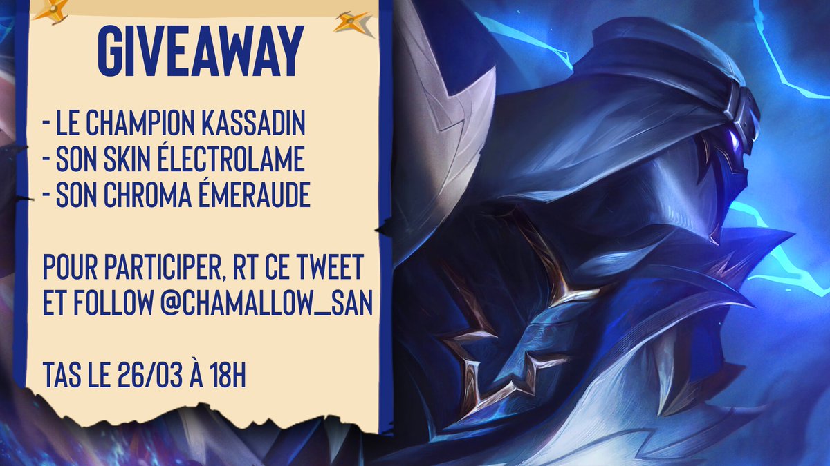 chamallow_san's tweet photo. GIVEAWAY🎁

3 packs Kassadin électrolame à gagner !
Pour participer, RT + Follow @chamallow_san !

4 autres packs à gagner en commentant ce post : https://t.co/hkYiM09qzg

3 autres packs à gagner sur mes lives : https://t.co/qUxoQxWLC7

TAS le 26/03 à 18h

#Leaguepartner https://t.co/a4gOKXuiOp
