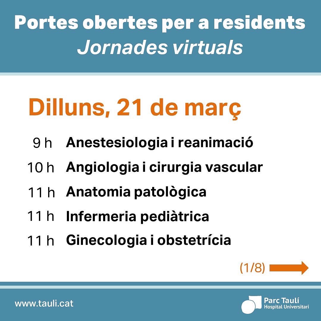 parctauli's tweet photo. (1/7) 👩🏼‍⚕️👨🏽‍⚕️ Aquí tens el calendari i enllaços a les sessions virtuals de portes obertes per a residents d’aquesta setmana al Parc Taulí! 
 
👉🏼 https://t.co/h8VizTFNcq https://t.co/LOKQ642S90