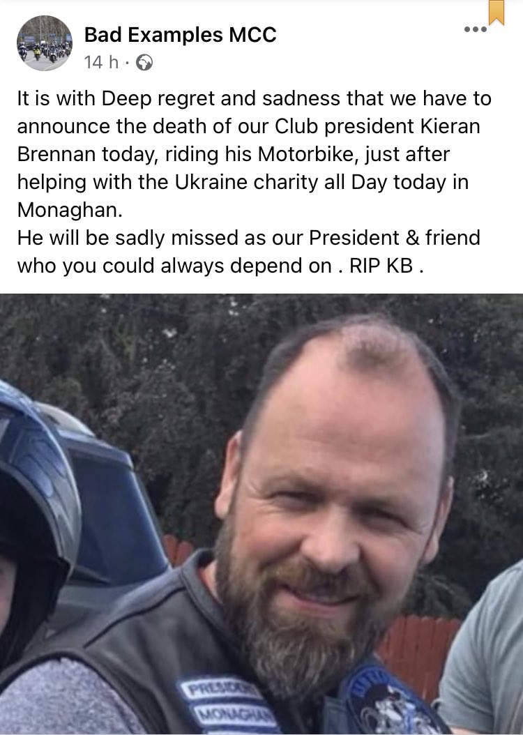 theNSMonaghan's tweet photo. The motorcyclist who died yesterday in a collision with a car near the Cathedral in Monaghan was named locally as Kieran Brennan. He was President of a local group of bikers &amp; had spent the day helping with a collection of goods for Ukraine outside a hotel on the Old Armagh road. https://t.co/neQRJgv8Bo