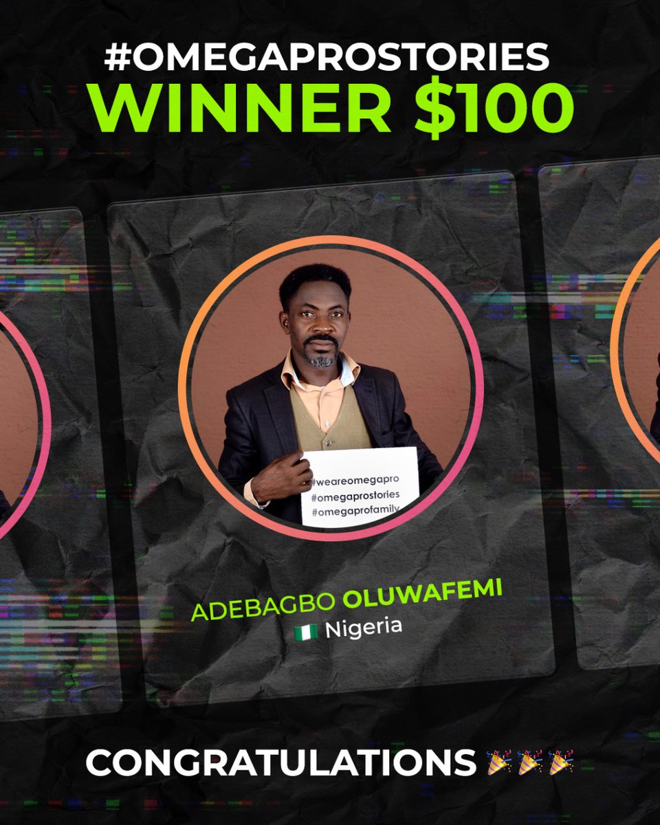 _OmegaPro's tweet photo. We were thrilled to receive so many inspiring #omegaprostories 🤩
We’re finally announcing our first winner for the picture category: Adebagbo Oluwafemi, from Nigeria 🇳🇬🏆
🎉Adebagbo Oluwafemi, thanks for sharing your #omegaprostrories CONGRATULATIONS. https://t.co/xG4N8TSJo5