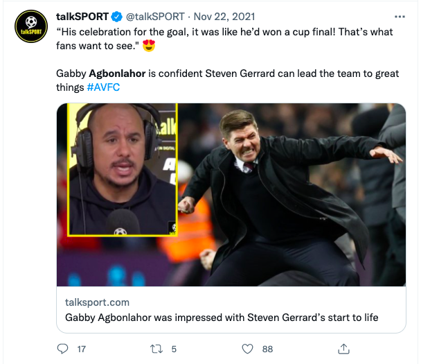 jamesbenge's tweet photo. "Celebrating like he'd won a cup final, that's what fans want to see."

Not my words. Gabby Agbonlahor's after Aston Villa won their first match under Steven Gerrard.

He was right the first time. https://t.co/ZTenQcr5fv