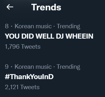 WHEElN_MY's tweet photo. YOU DID WELL DJ WHEEIN and #ThankYouInD trending at #8 and #9 respectively in Malaysia 💚
#WHEEIN #휘인 #MAMAMOO #마마무 @RBW_MAMAMOO @THEL1VE_LABEL https://t.co/8afeejSn8h