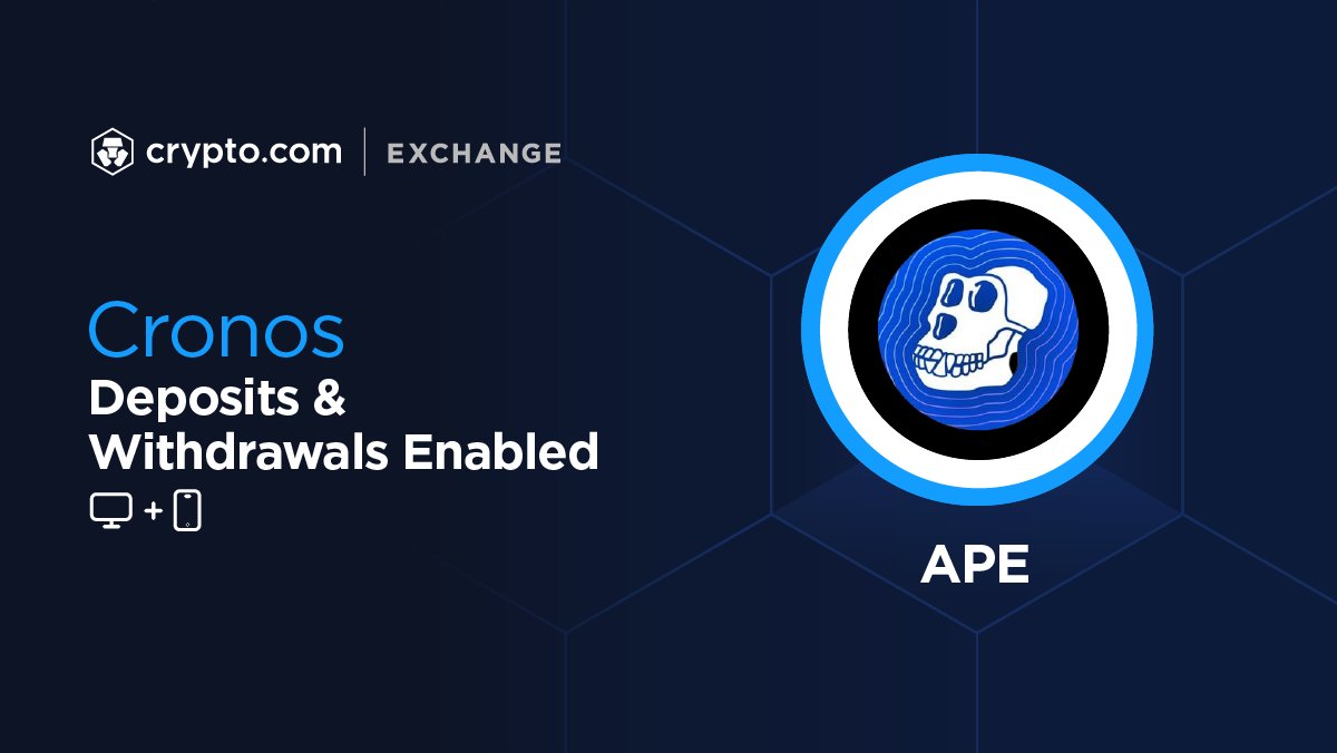 Cryptocom_Exch's tweet photo. https://t.co/A7lhUEgMLO Exchange now supports deposits and withdrawals of ApeCoin $APE via Cronos. 

*Available for Exchange Web and App.

Deposit Now 👉 https://t.co/GBTPzxcEwy

@apecoin
@cronosapp https://t.co/cFuAGEhwwg