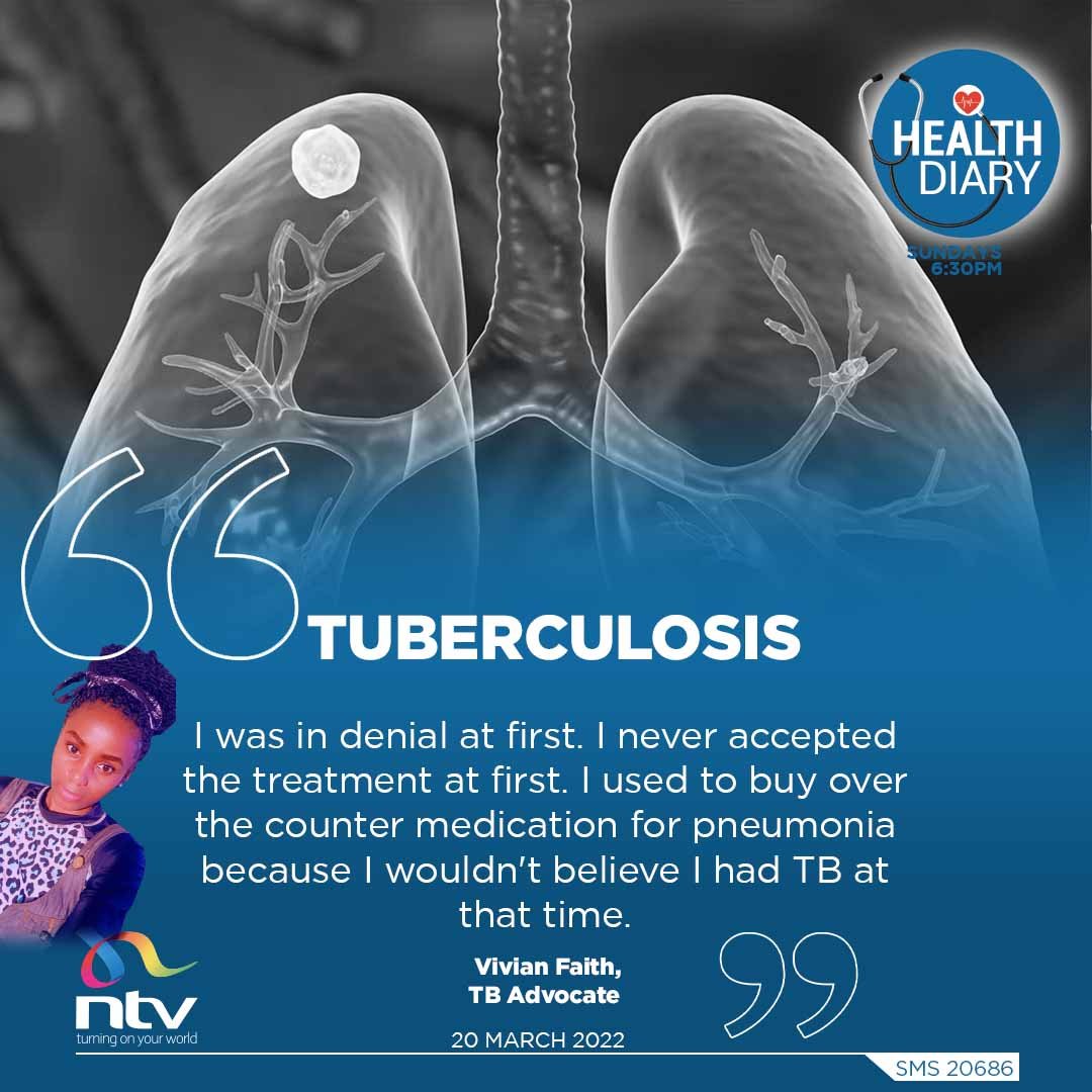 ntvkenya's tweet photo. 'I couldn't believe I had TB, I didn't accept the treatment at first...,' TB advocate opens up on her journey. 

 Watch #HealthDiaryNTV at 6:30pm. https://t.co/wXxQp44ZPe