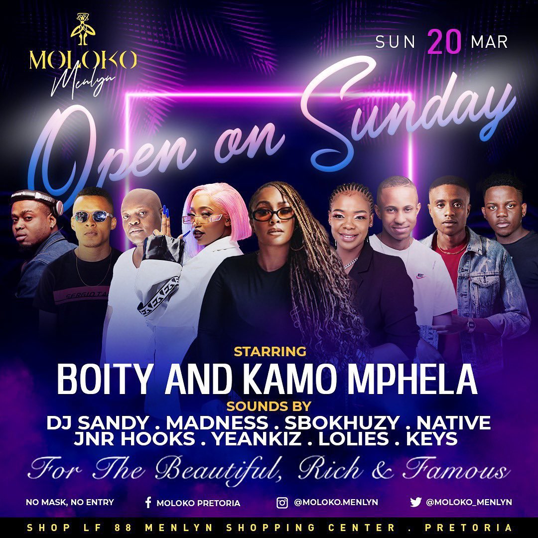 _itsyourboy_kaz's tweet photo. Tonight it’s happening here @Moloko_Menlyn starring with @Boity  @Kamo_mphelaxx @OmegaTyson2 let’s party in style. Guest list still open send names 🔥🔥🔥 

#Khanyi #BBMzansi #MphoWaBadimo𓃵 #Pretoria #Oscar Mbo #nakeddj #HeavyHitters #podcastandchillwithmacg #DiamondAndDolls https://t.co/yzgLh1klB2
