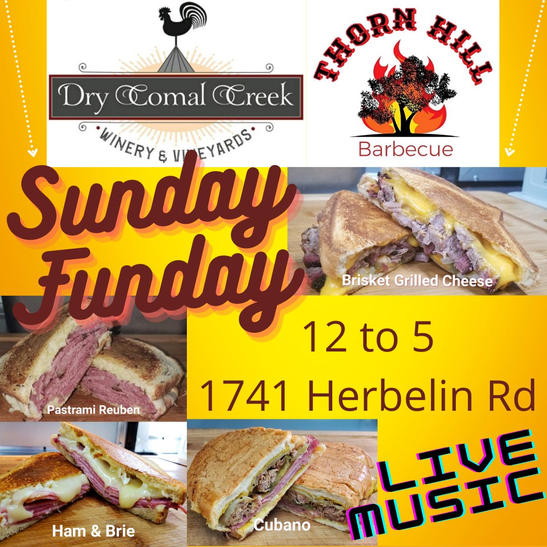 Make it a #SundayFunday with us at Dry Comal Creek Vineyards and Winery @dry_comal_creek, 1741 Herbelin Road just outside New Braunfels. 
The winery is 21 & Up. #BBQTheThornHillWay #InNewBraunfelsIstDasLebenSchön
#SupportNBLocal #FoodTruck