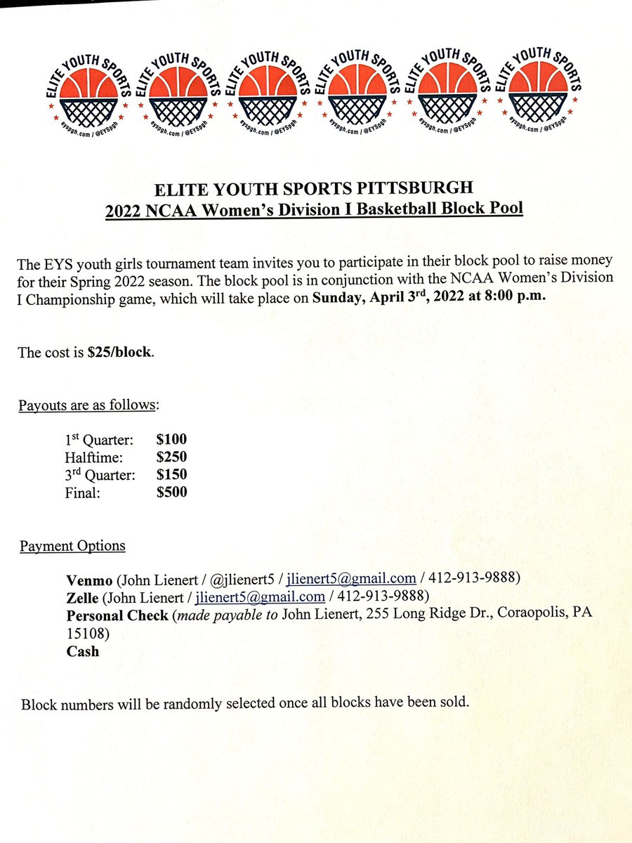 EYS 2022 NCAA D1 Womens National Championship Block Pool! Each block is $25 with 4 chances to win. You can purchase blocks by leaving a comment with your choice of numbers or you can text us at 412-397-8601. This fundraiser supports the programs of EYS! Thanks and good luck! 🏀⛹🏾‍♀️