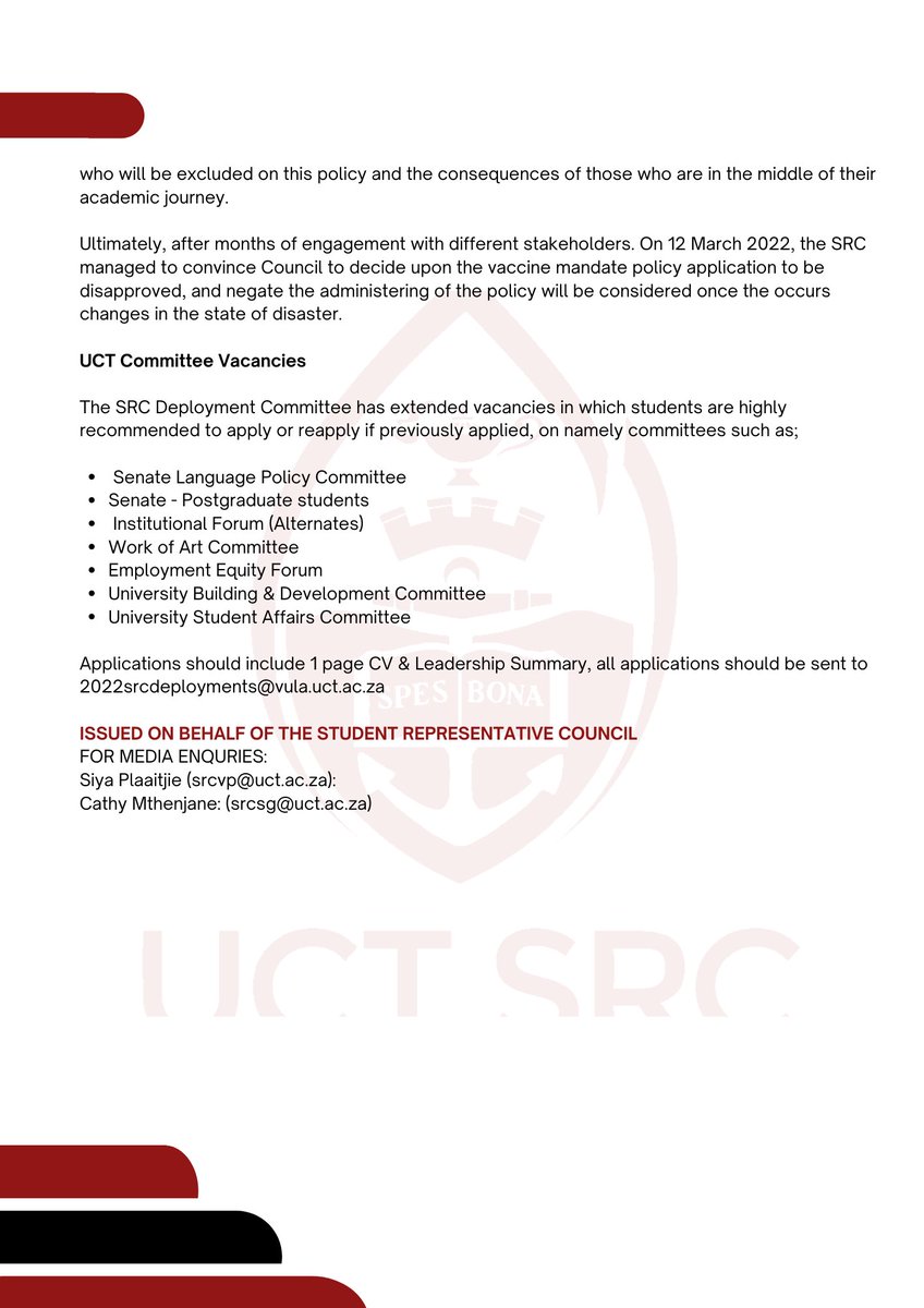 STATEMENT🗣️: Opening of Applications for SRC Vacancies, Human Rights Day event and Other important Updates Undergraduate Funding Survey: forms.office.com/r/ivuRFuTYdF International Students Registration Survey: forms.office.com/r/LS9ruP6sZ6 20 March 2022