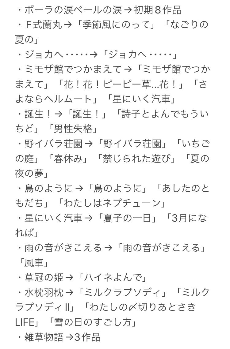 大島先生のグーグー以前に単行本化された作品、白泉社の文庫を揃えた後、こちらの写真の本を合わせるとほぼほぼが読める思います(文庫に無い38本分)。絵本や合作や選集のあとがきとか他にも色々ありますが、単行本未収録以外のマンガのだいたいは…。あとこちらのファンブック2冊もとても面白いです 