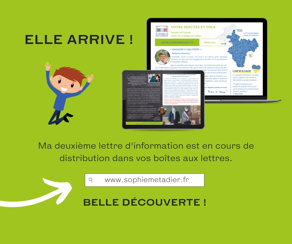 📢 [LETTRE D'INFORMATION #2]

📭 Elle est en cours de distribution dans les boîtes aux lettres de la #circo3703 d'Indre-et-Loire. Vous y découvrirez les moments forts de mes récentes actions, visites et rencontres sur le terrain et à l’Assemblée nationale. 

#députée #information