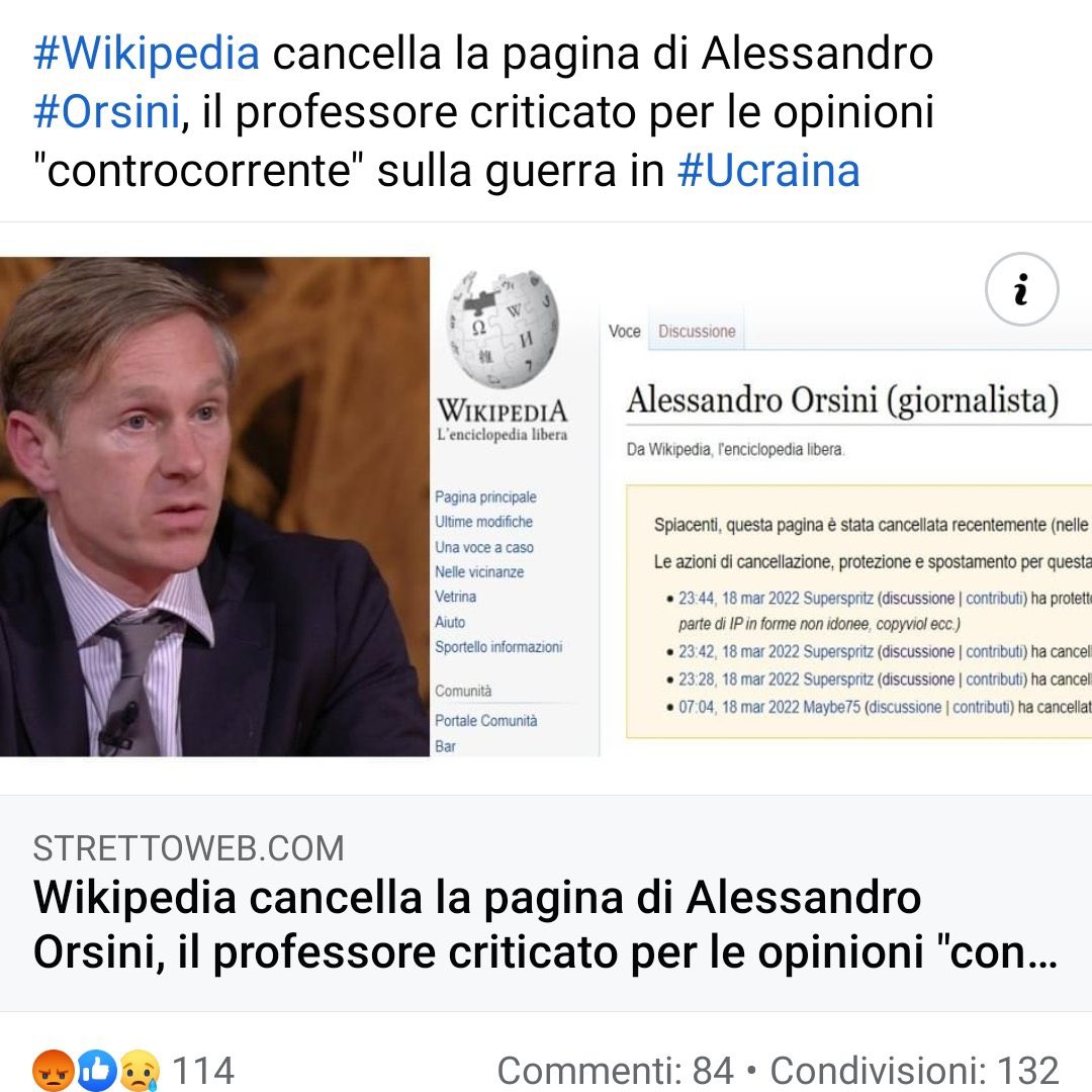 GuidoDeMartini's tweet photo. 🔴 LA DEMOCRAZIA, QUELLA BELLA.
🔴 Cancellata la pagina del Prof. Orsini su Wikipedia per le sue opinioni dissonanti sulla guerra in Ucraina👇🏻 https://t.co/27HvP5OivY
