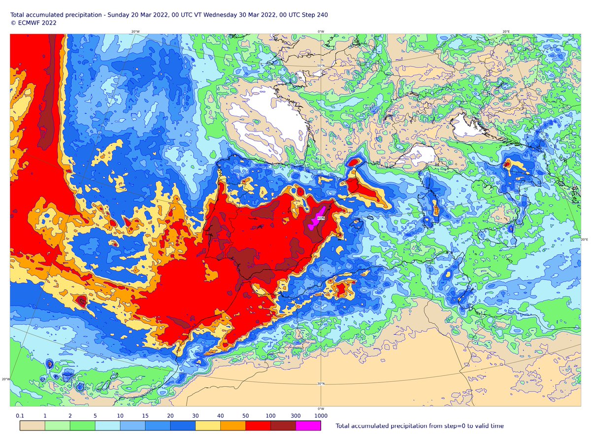 Storm_Malaga's tweet photo. Un tramo final de marzo muy húmedo en el sur y este de la #PenínsulaIbérica durante los próximos 10 días, con precipitaciones entorno a los 50 mm - 300 mm. De cumplirse esta tendencia del #ECMWF, le estaríamos dando una bofetada a la sequía que estamos padeciendo. https://t.co/NcNXohFswe