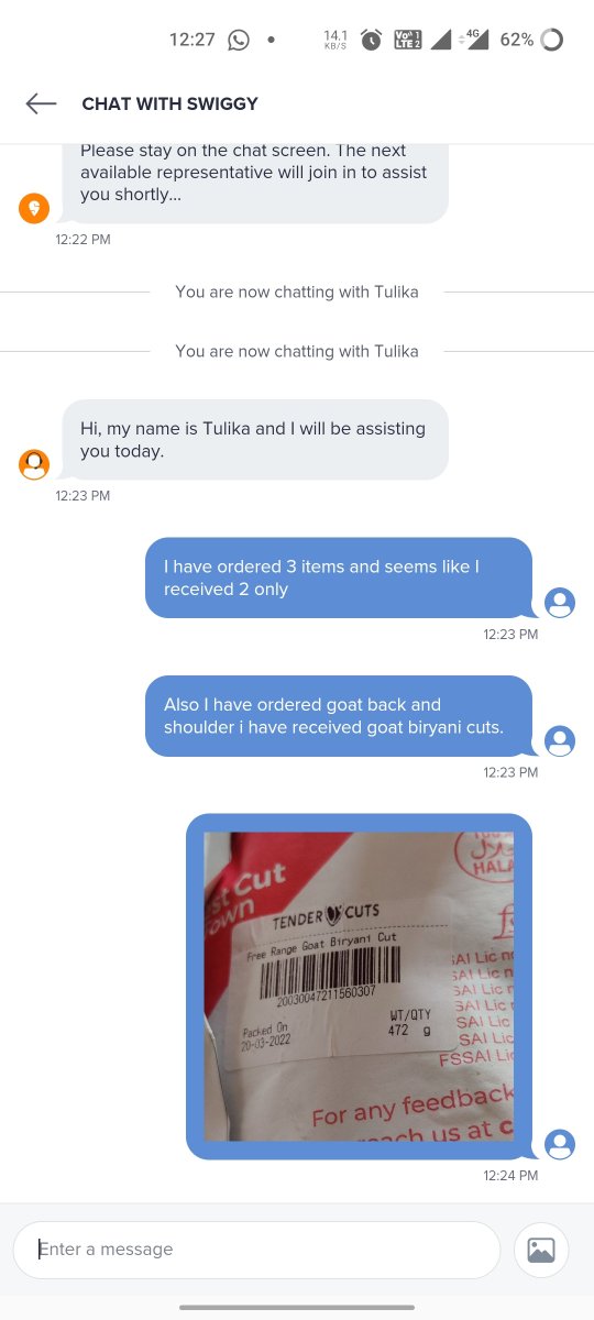 sumitakkewar's tweet photo. Hey @swiggy_in,

When we order from swiggy genie we expect to be delivered on same  day not after 2 days.
I have ordered mutton from @CutsTender via Swiggy genie, 1 item is missing and 1 item is very different, now swiggy asking to wait for 48hr, should I ask same to my guests https://t.co/OTsyxHMAZn