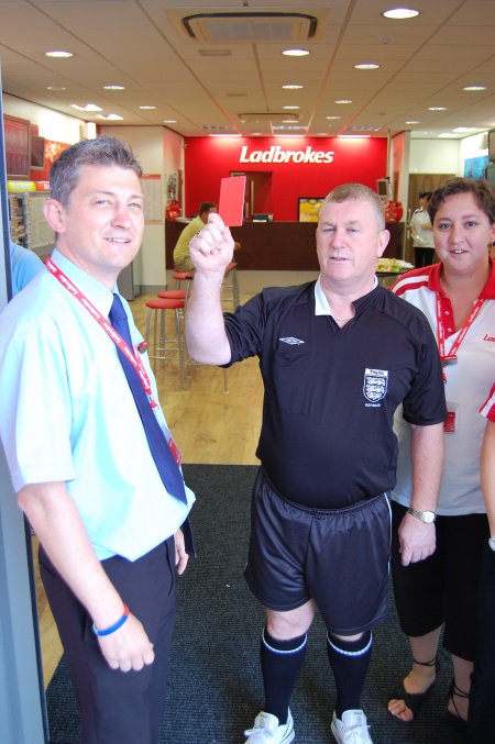 FootballCliches's tweet photo. Slightly Depressing Photos of Former Premier League Referees, No. 1,392: Paul Durkin opens a new branch of Ladbrokes in South Gloucestershire, 2009 https://t.co/r9rz6v3uQP