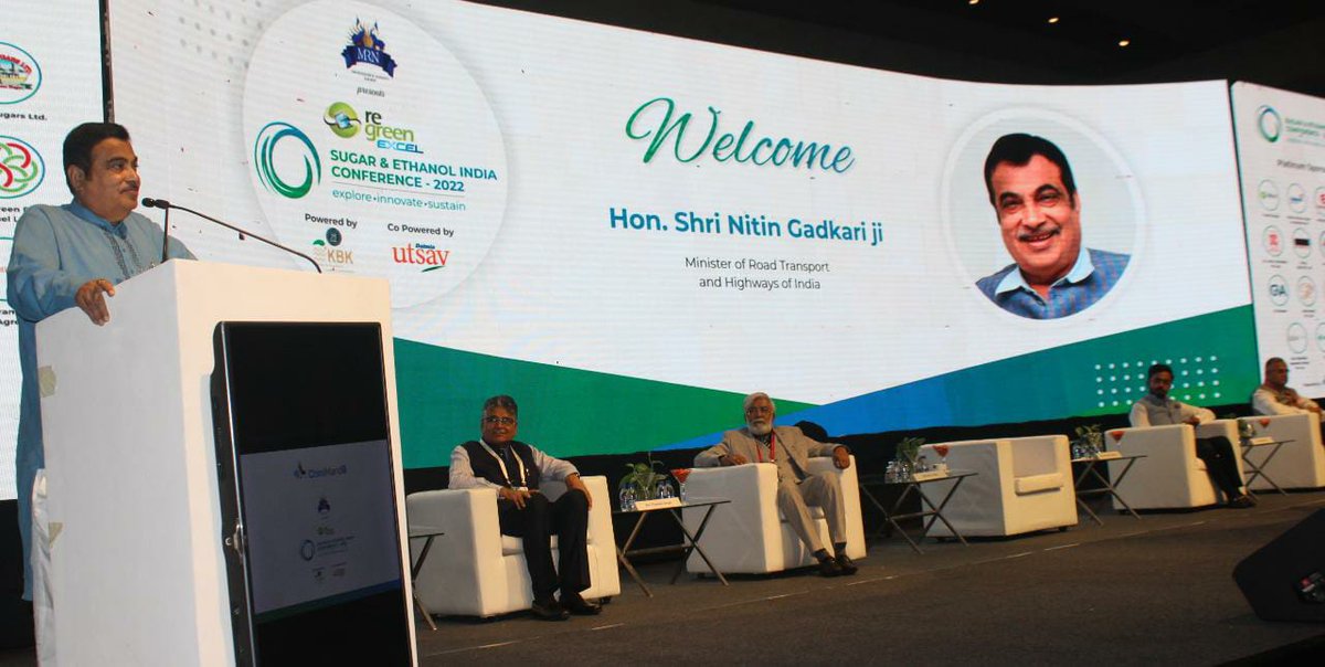 PIBMumbai's tweet photo. 'We have issued advisory on flex engines; Toyota, Hundai and Suzuki have assured me that they will bring flex engines within six months'

Union Minister @nitin_gadkari addresses Sugar &amp; Ethanol India Conference (SEIC) 2022 in Mumbai, organized by @ChiniMandi https://t.co/8lP1QJxBmH