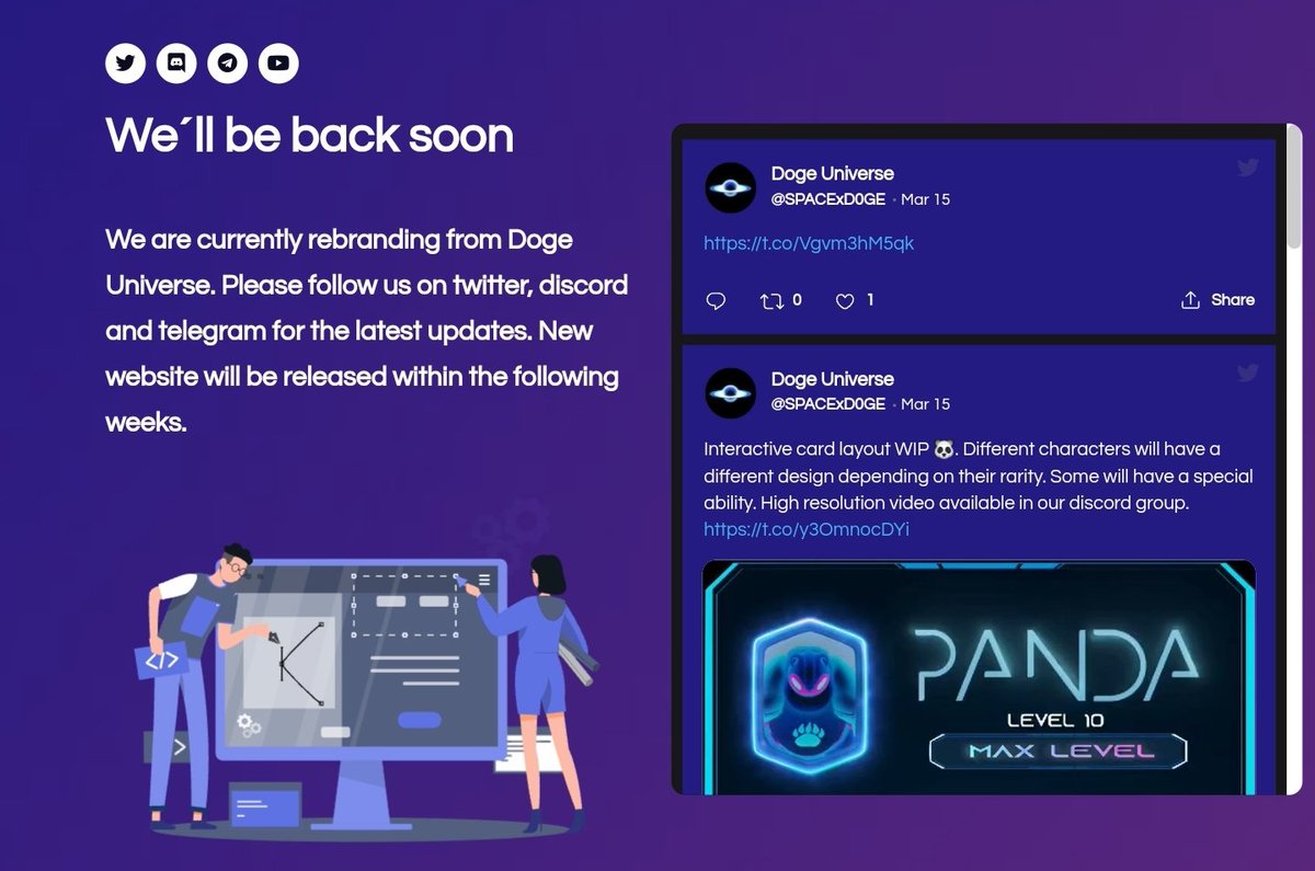 DogeXUniverse's tweet photo. ⚠️ Important announcements:

Our website is currently under maintenance due to us rebranding from Doge Universe. Within the following weeks we'll have the new website completed and released. https://t.co/vvb9e6kbqW