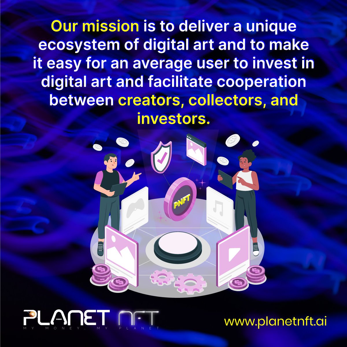 planetnft_PNFT's tweet photo. Mission:
Our mission is to deliver a unique ecosystem of digital art and to make it easy for an average user to invest in digital art and facilitate cooperation between creators, collectors, and investors.
Visit us: https://t.co/iRuIbgEeQQ
#PNFT
#PlanetNFT
#MetaNodes
#NFT https://t.co/VHFbvmQ41m