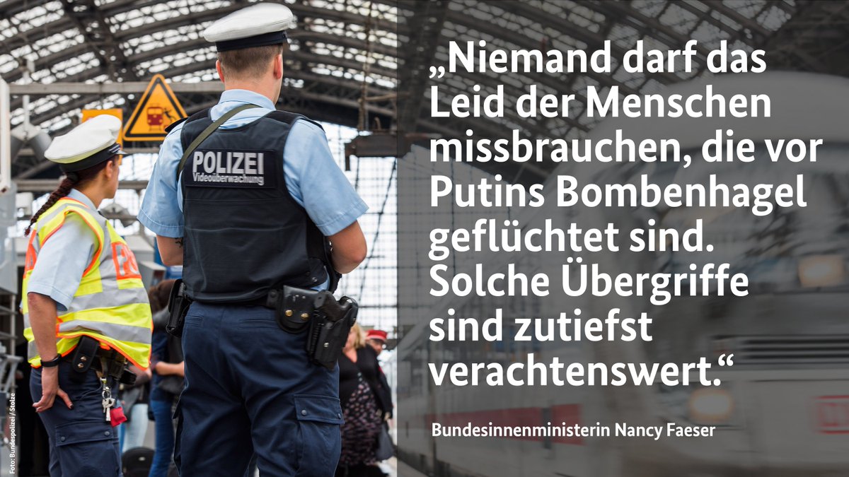 Nancy #Faeser zum Schutz von Geflüchteten: „Wir haben eine massive Polizeipräsenz an Bahnhöfen – in Uniform und Zivil. Jeder, der es versucht, die Not der Geflüchteten ausnutzen, sollte wissen: Auf solche Taten reagieren wir mit aller Härte des Gesetzes.“ <a href="/BILDamSONNTAG/">BILD am SONNTAG</a> #Ukraine