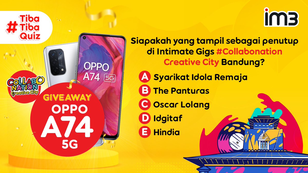 indosatim3's tweet image. 📢 Menangkan OPPO A74 5G dengan ikutan #TibaTibaQuiz IM3! 

Clue 👉🏻 bit.ly/366TgMU 

Cara:
- Follow Twitter @indosatim3
- RT &amp;amp; REPLY pakai #TibaTibaQuiz #Collabonation

Reply yang banyak sampai 26-3-2022. Semoga beruntung 💛

S&amp;amp;K: bit.ly/3wlQzBH
