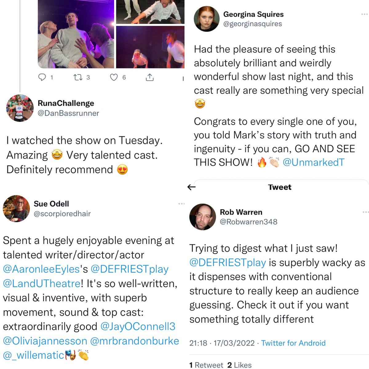 DEFRIESTplay's tweet photo. #DEFRIEST has now closed after our 5 night run @LandUTheatre

What a brilliant week we’ve had- Thank you to all that came and supported the play and those who donated to our Crowdfunder💥 

We hope you can all join us down the line when we inevitably tell Mark’s story again! https://t.co/PmCHNpNlBH